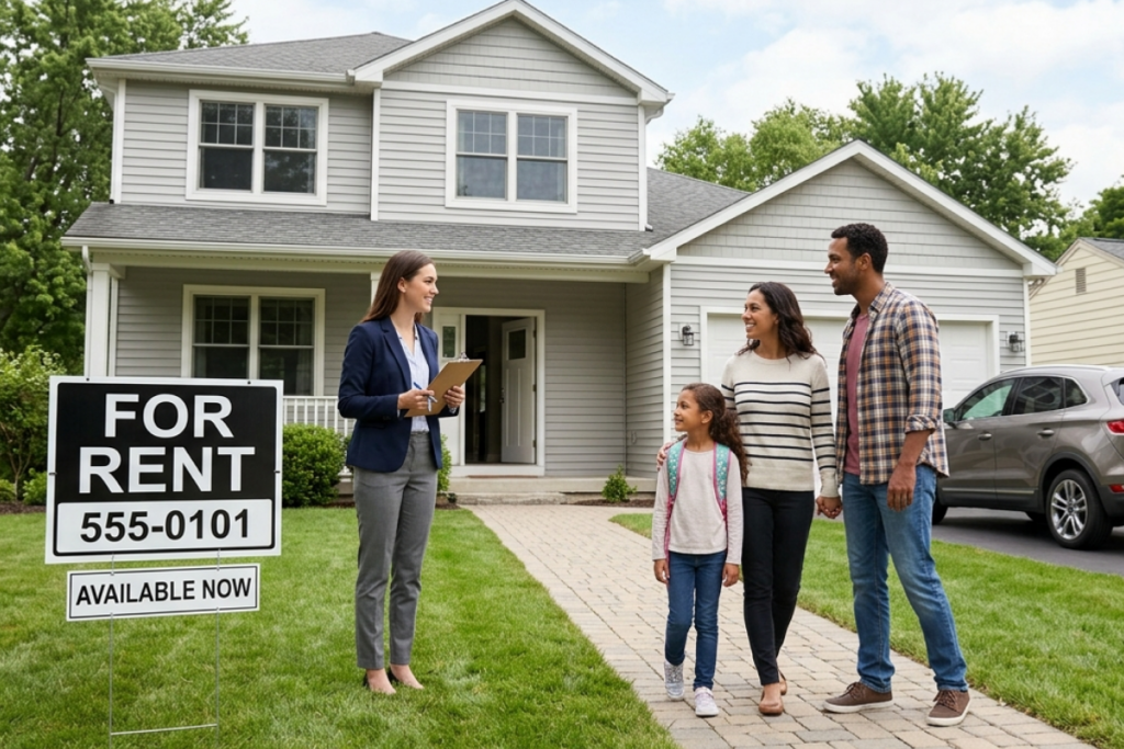 Family meeting a real estate agent in front of a rental property, illustrating renting vs selling a house decision