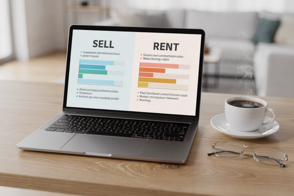 Laptop screen comparing sell vs rent options, illustrating renting vs selling a house decision framework