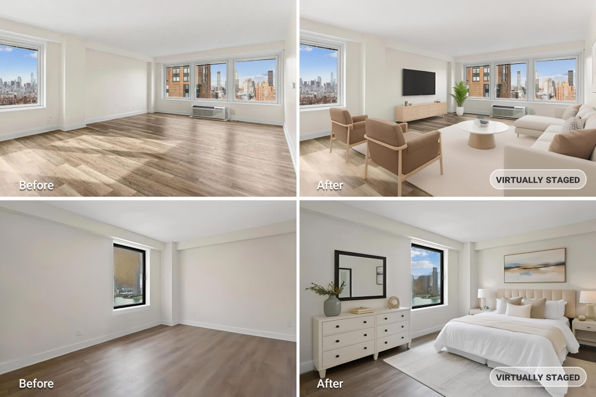 Before/after of a virtually staged living room 