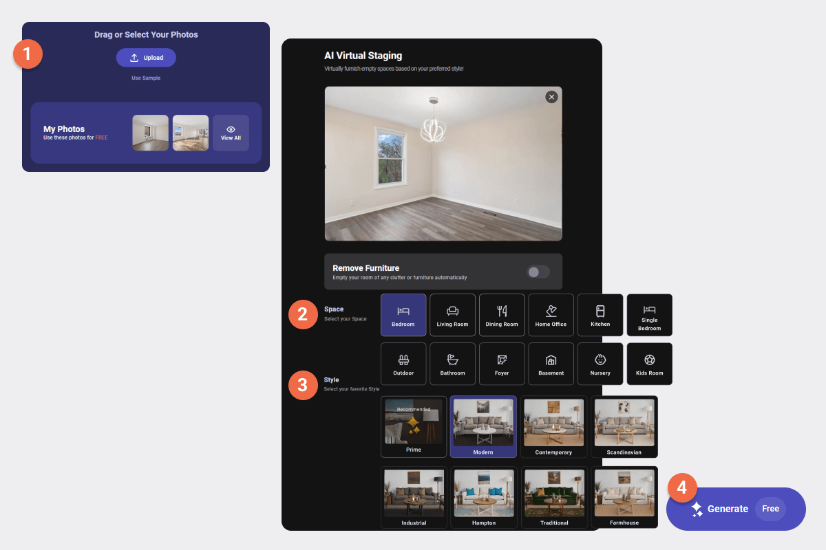 AI HomeDesign's AI virtual staging steps