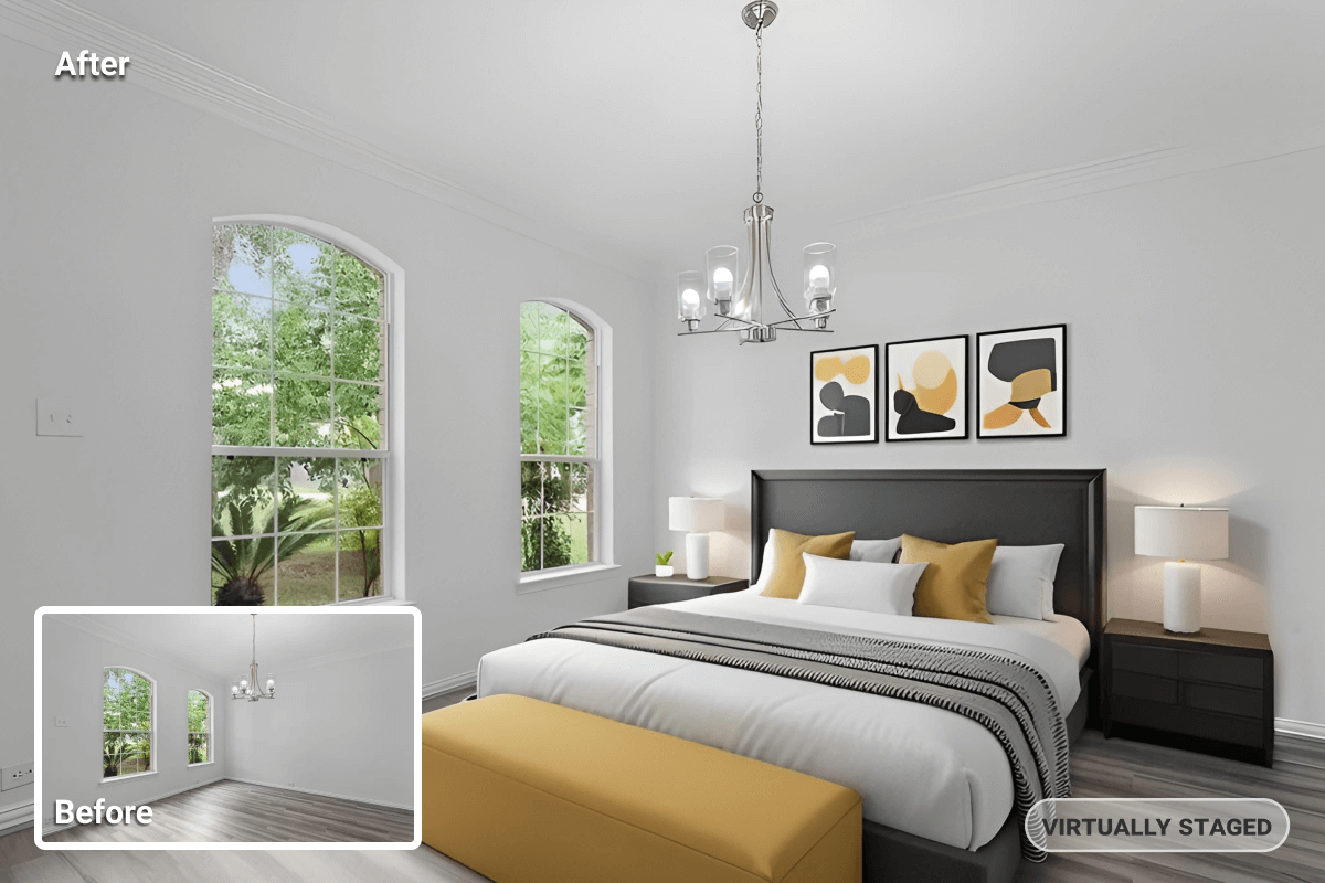 before and after of bedroom virtual staging