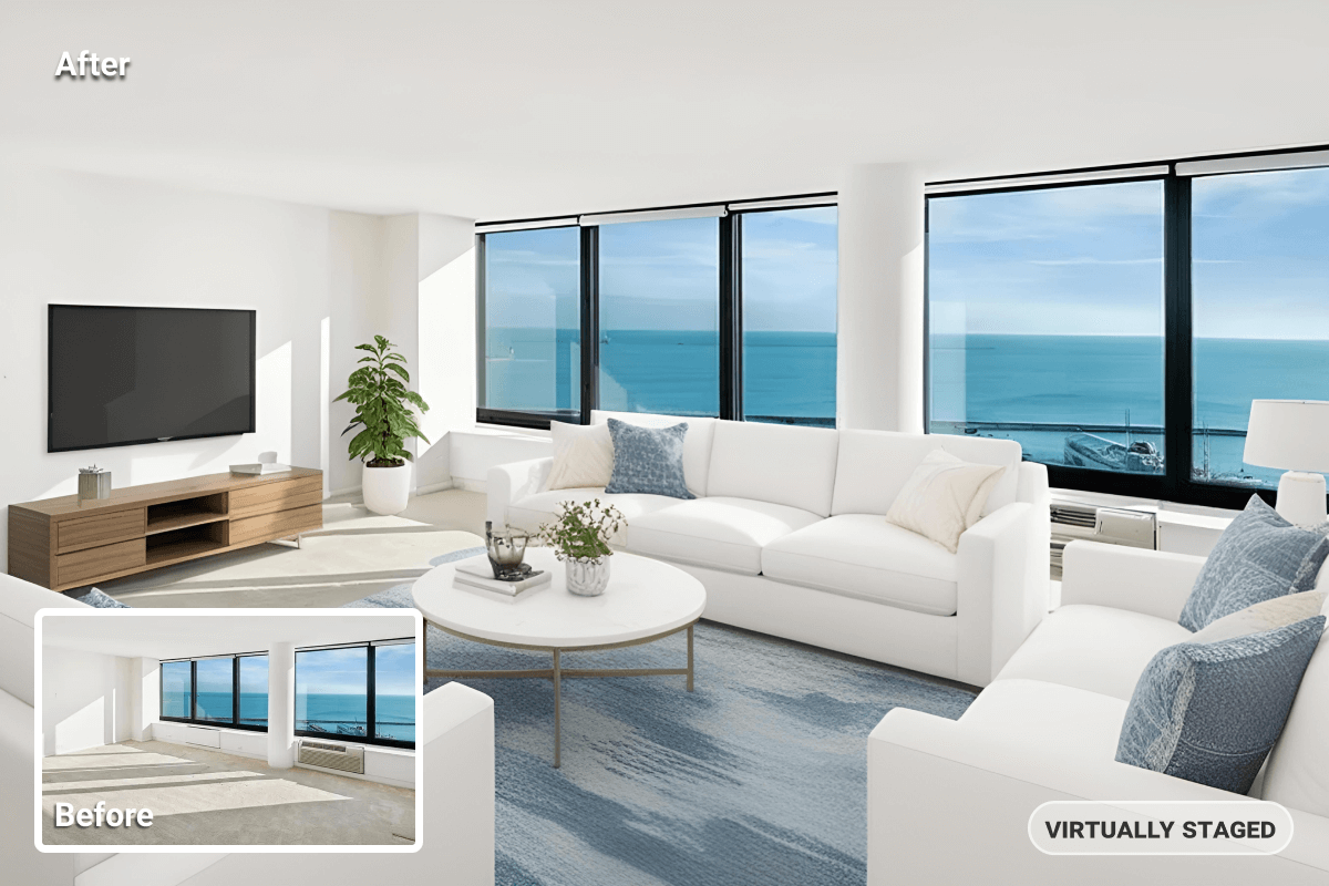 before and after of living room virtual staging