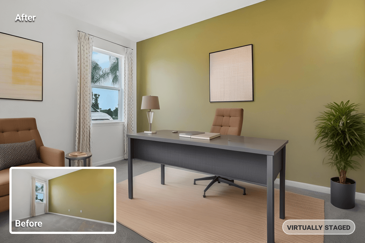 before and after of home office virtual staging