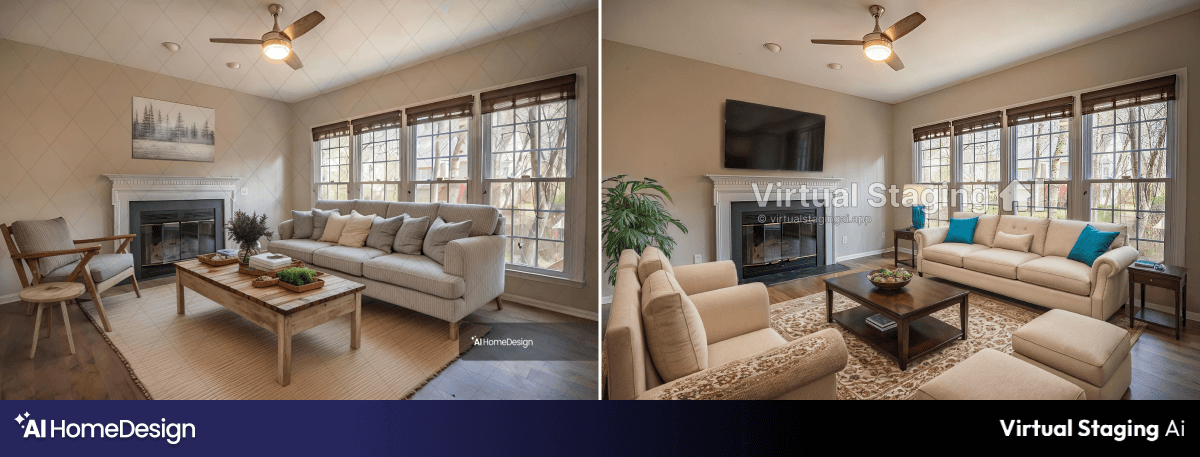 comparison of aihomedesign ai virtual staging living room with virtual staging ai