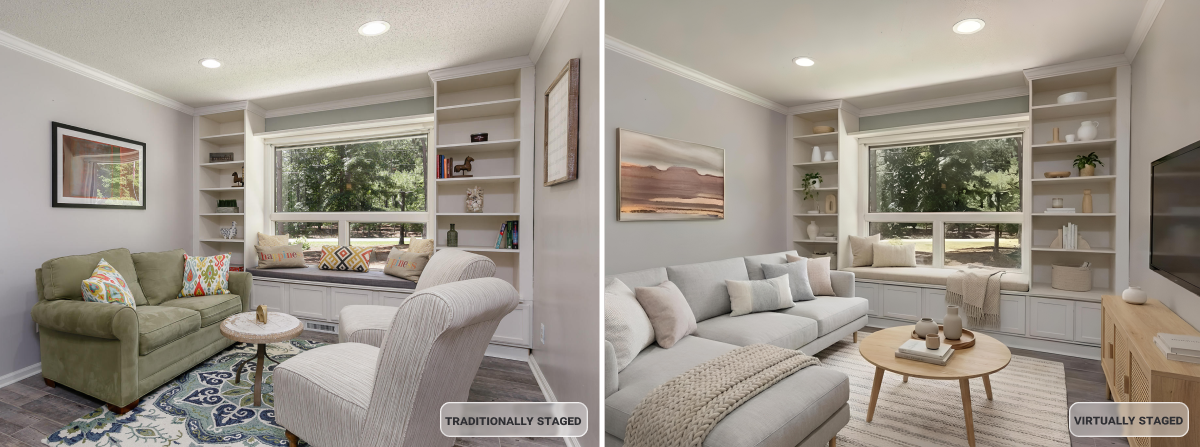 Before/After of an Virtual staging and Traditional Staging with AI HomeDesign 