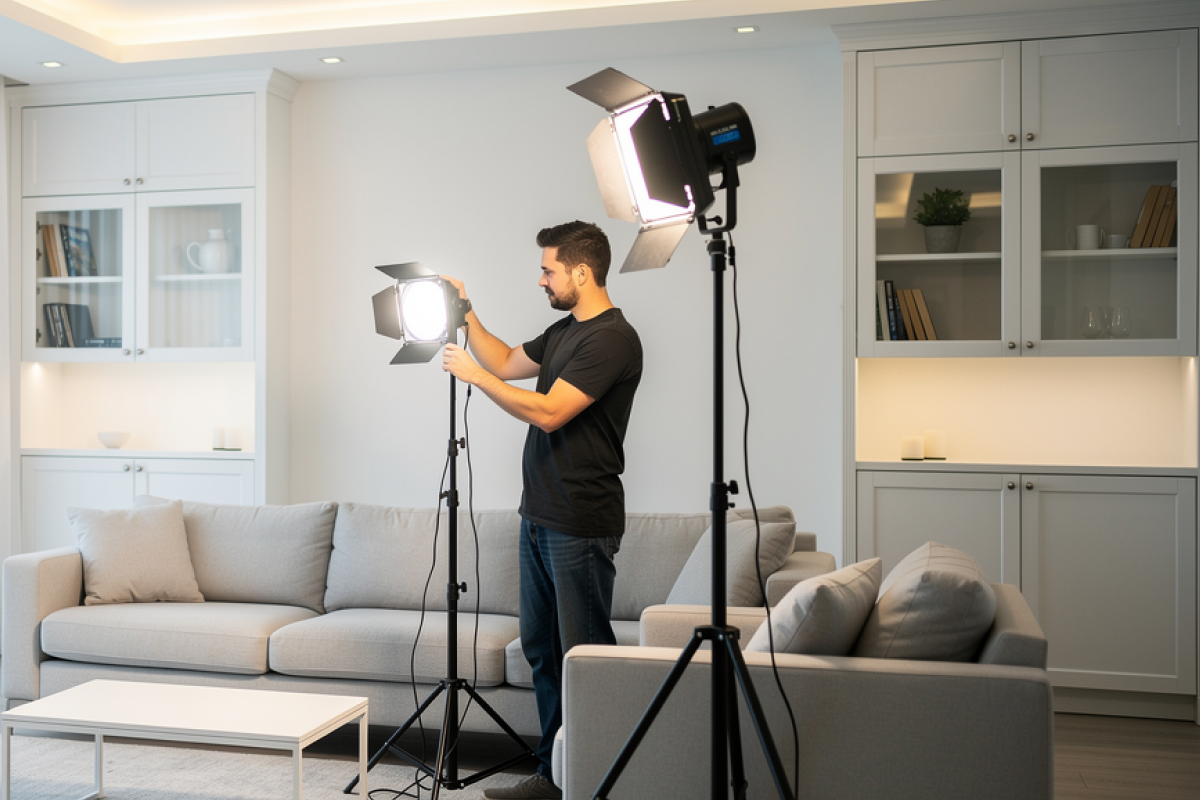Photographer adjusting studio lighting equipment in a staged living room for real estate photography.