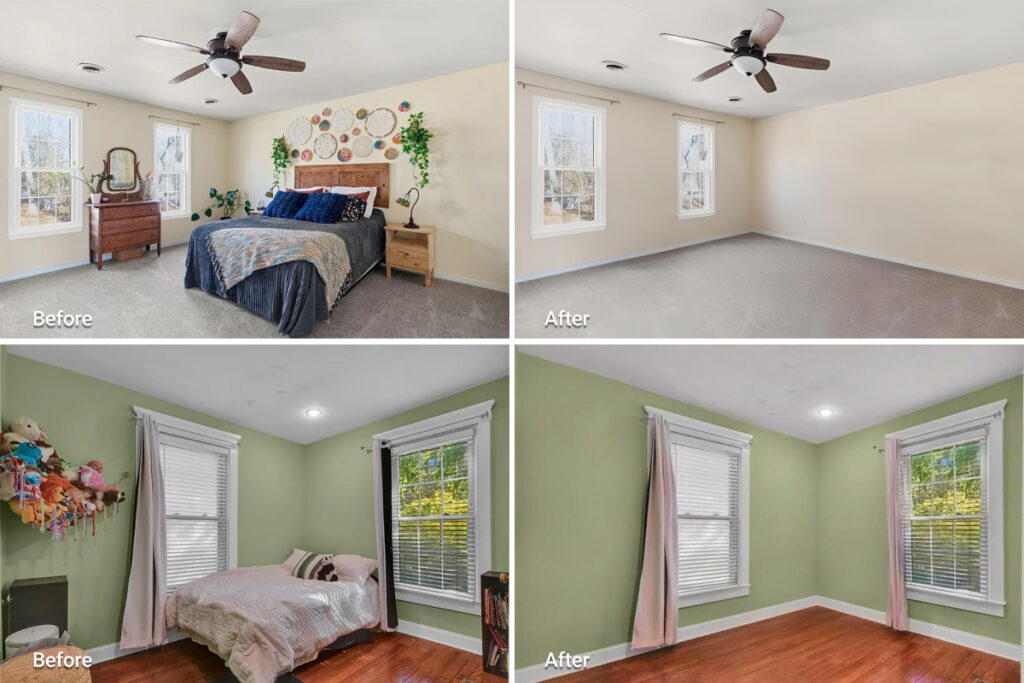 Before and after real estate bedroom photos demonstrating Stage 2: base photo conditioning to enhance lighting, color balance, and image clarity.