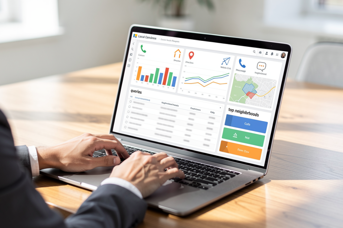 Person reviewing local SEO analytics dashboard with search queries, traffic data, and neighborhood performance metrics.