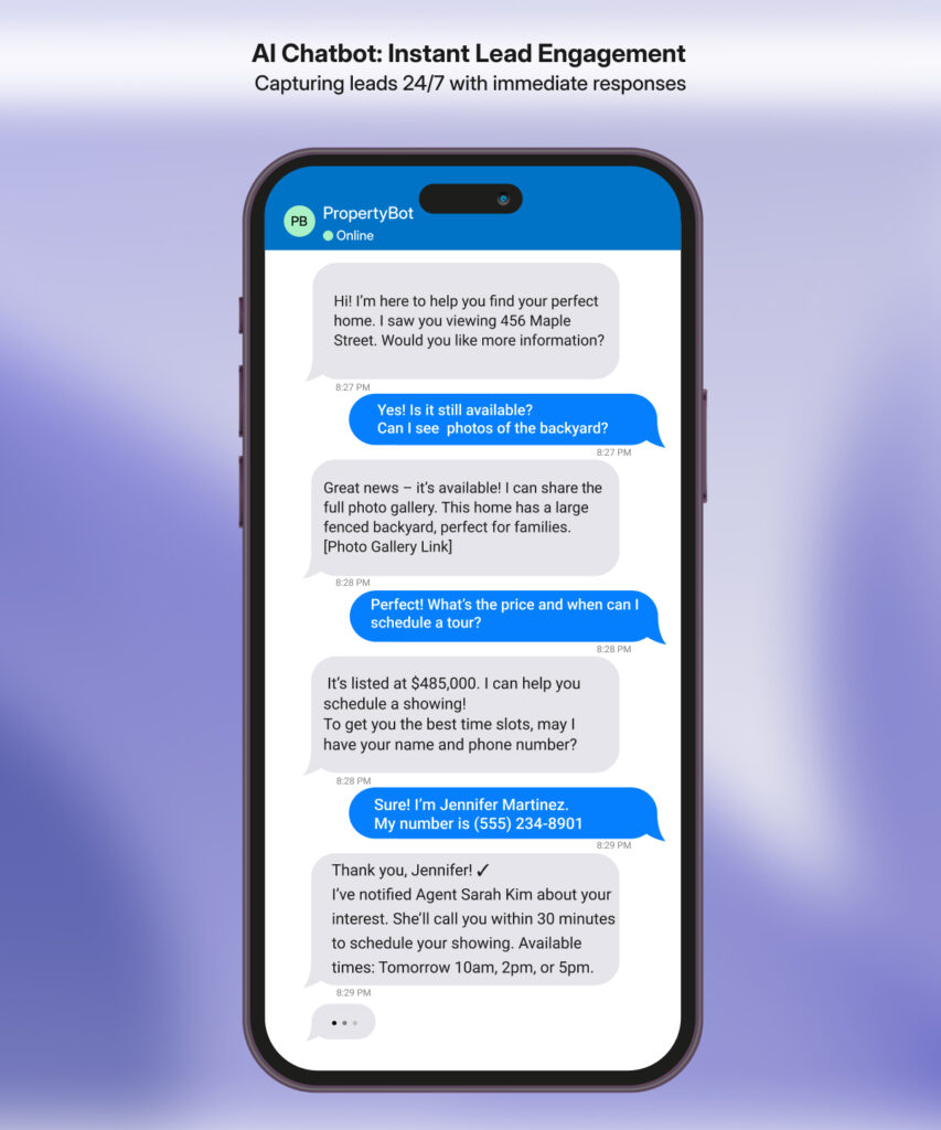 Smartphone screen showing an AI chatbot conversation capturing a real estate lead, sharing listing details, and scheduling a property showing