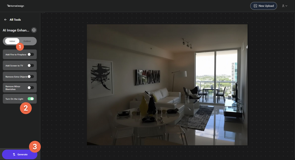 AI HomeDesign image enhancement interface with indoor mode selected and living room photo ready for lighting enhancement.