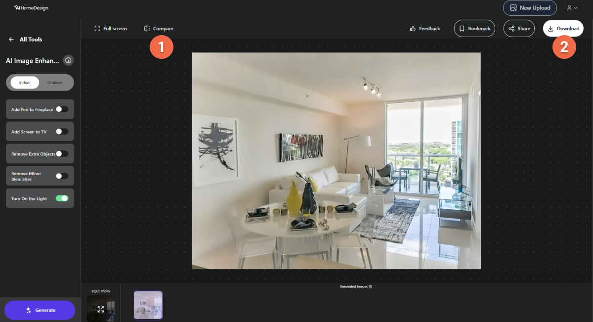 AI image enhancement tool showing enhanced bright living room result with indoor settings and image action controls.