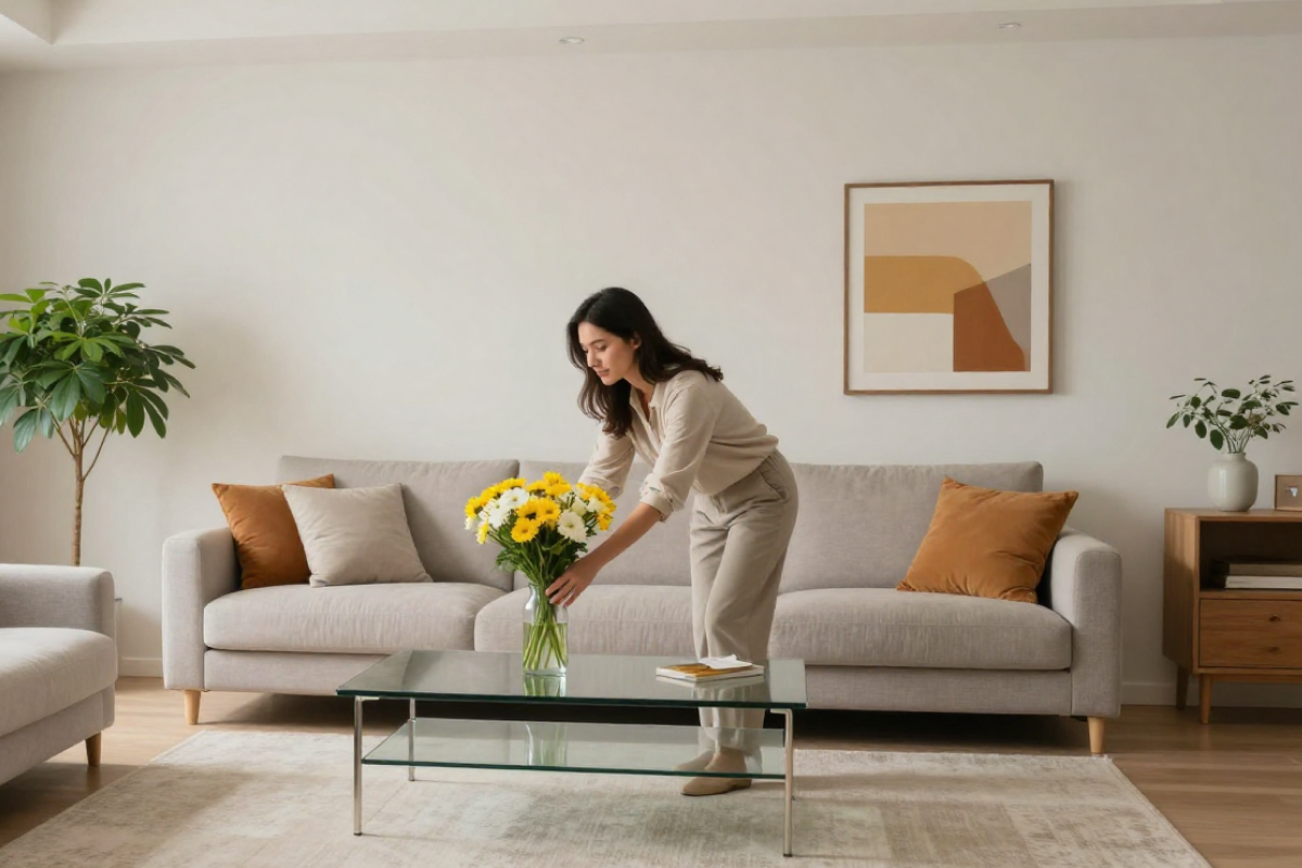 Person arranging flowers on a coffee table in a clean, staged living room with sofa, cushions, plants, and wall art.