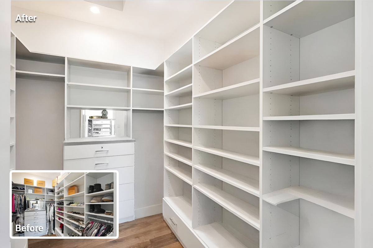 Before and after walk-in closet image showing items removed from shelves using AIHomeDesign AI item removal.