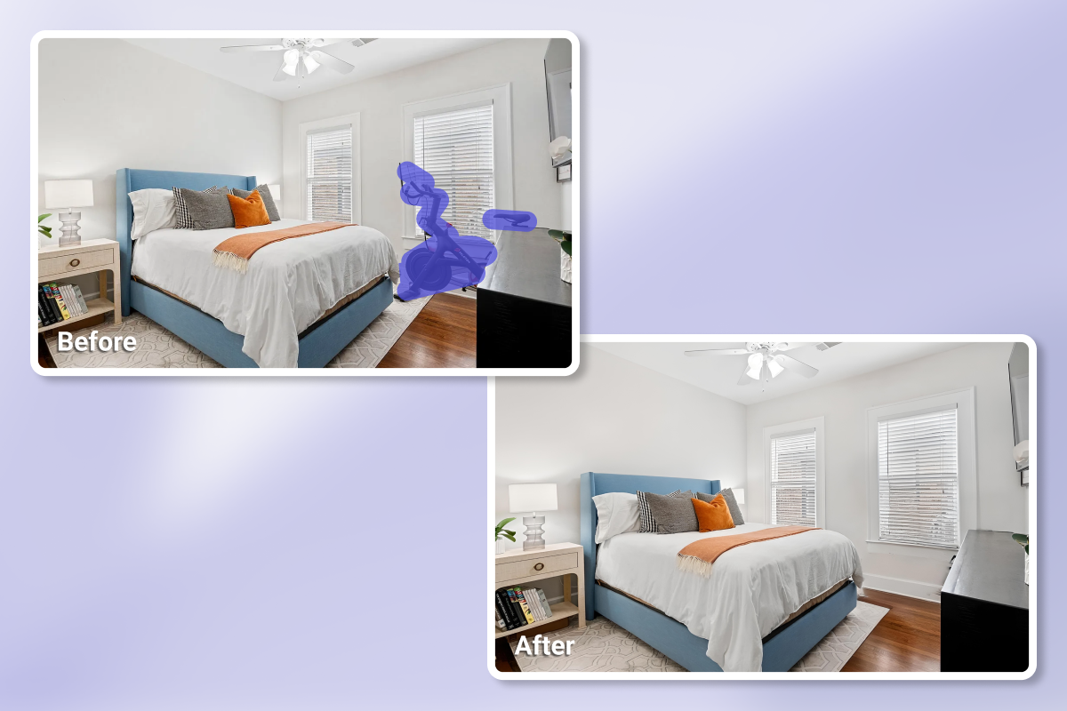 Before and after bedroom image showing object removal using AI item removal by AIHomeDesign.