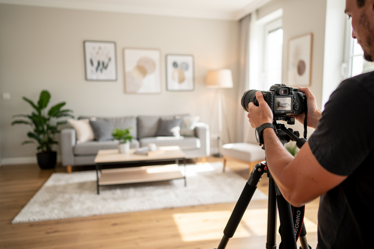Photographer setting up camera on tripod to capture staged living room for real estate listing photos.