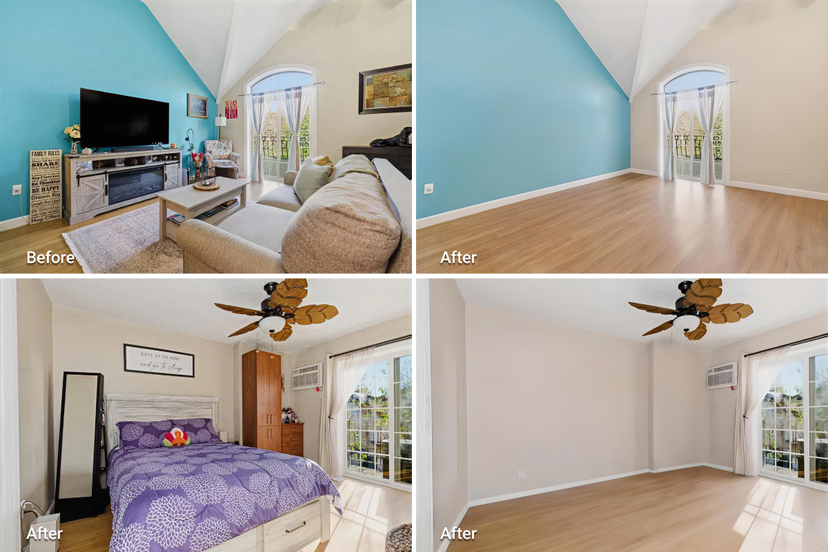 Before and after real estate photo grid showing furnished living room and bedroom converted into empty, decluttered rooms using AI item removal.