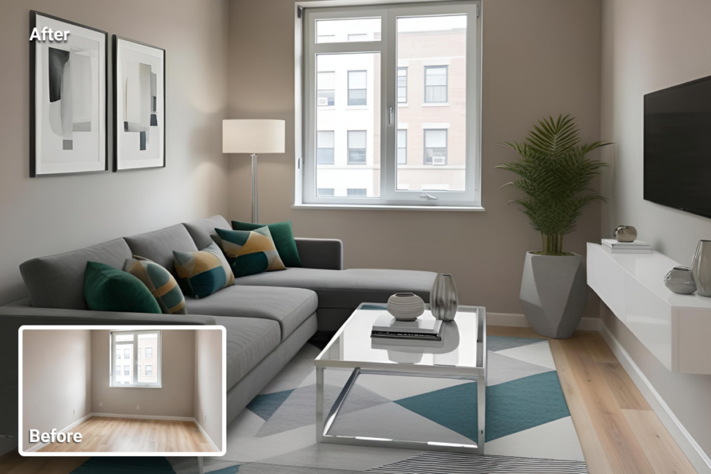 Small living room staged with minimal furniture and proper scale to improve space perception