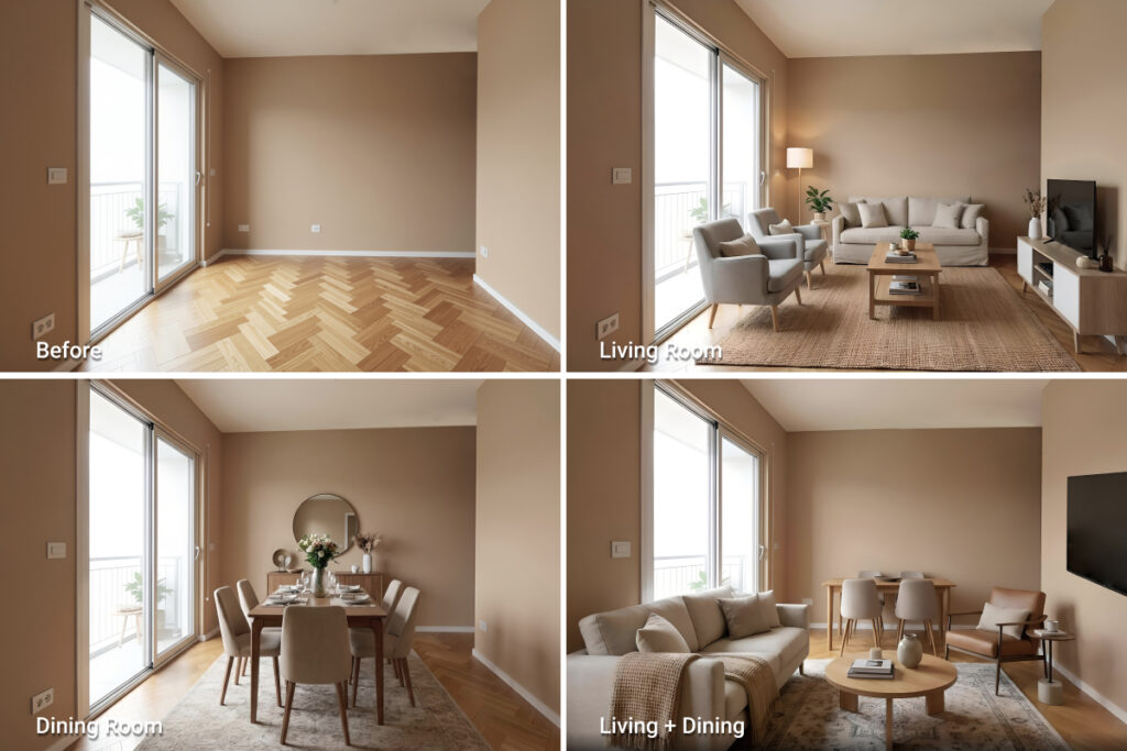 Studio apartment staged with separate living and dining zones to define functional areas