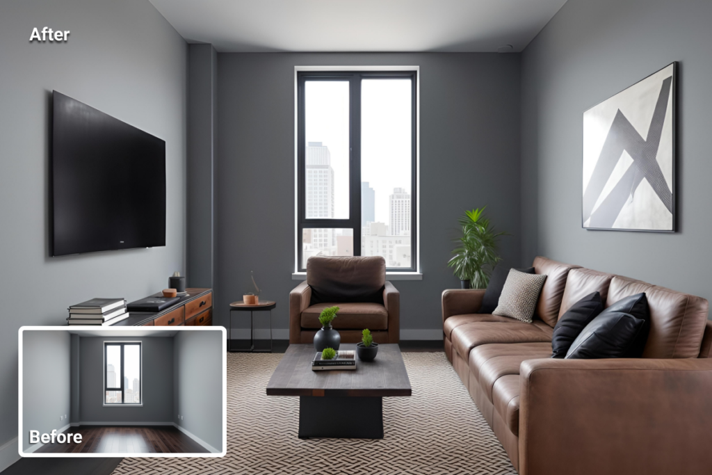 Before and after staging showing how open walkways and unobstructed sightlines make a small living room feel larger