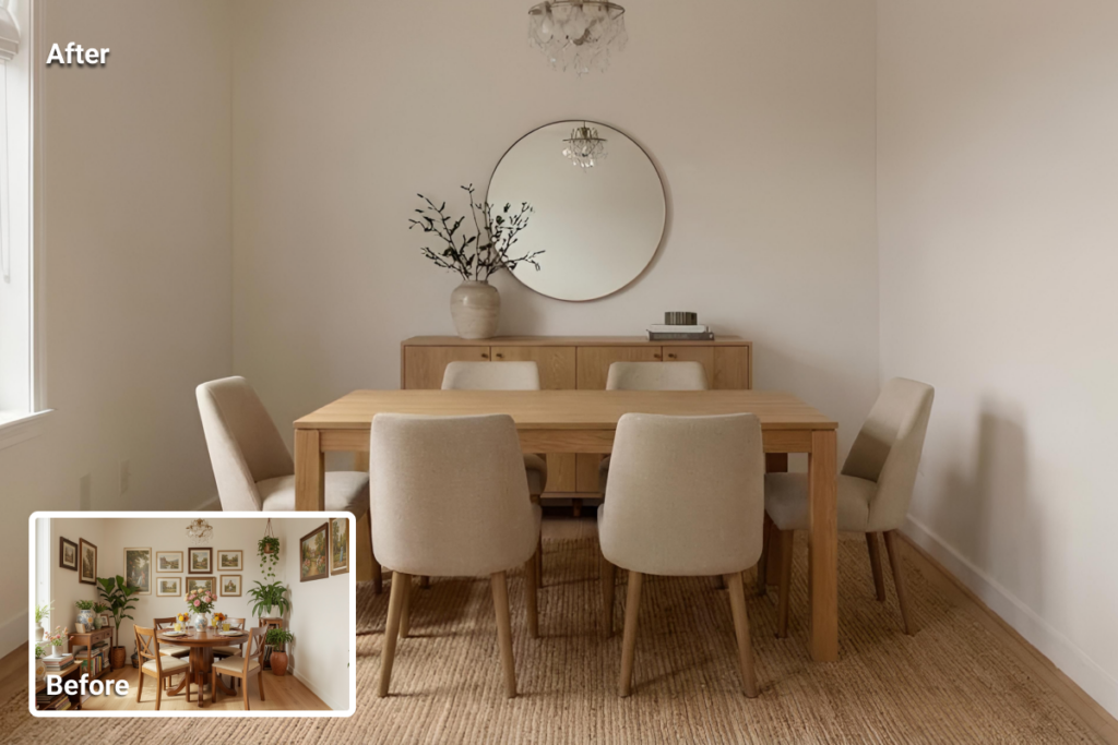 Comparison of cluttered decor and minimal staging in a small dining room showing improved visual clarity and space