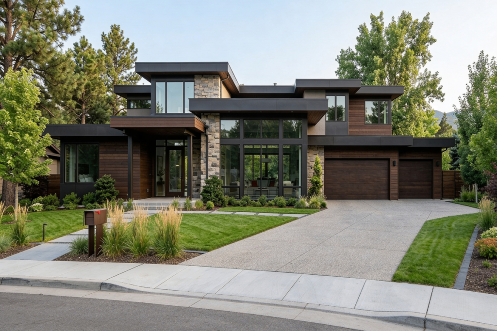 Modern house exterior prepared for real estate photography with clean driveway, trimmed lawn, and clear landscaping.