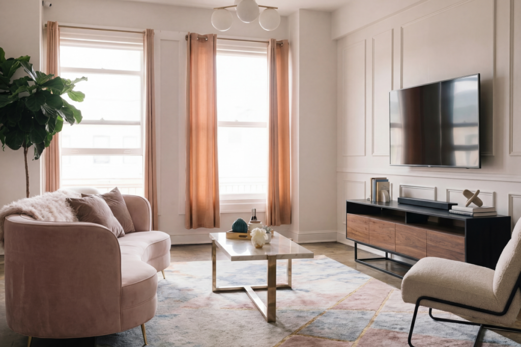 Living room staged with sofa, chairs, and coffee table to clearly define the room’s purpose in real estate listing photos.