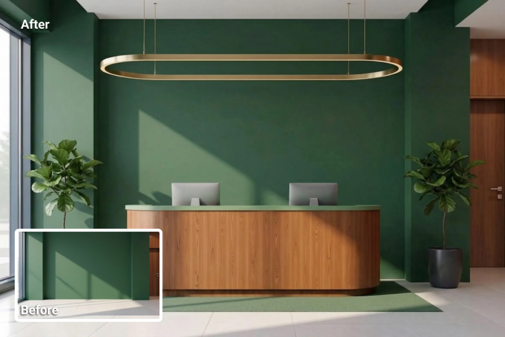 virtual staging for commercial real estate showing an empty reception area transformed into a welcoming front desk with seating, lighting, and brand-ready layout