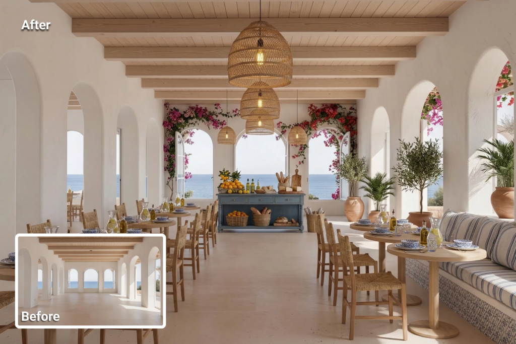 virtual staging for commercial real estate showing a furnished restaurant space created from an empty interior to illustrate layout and use