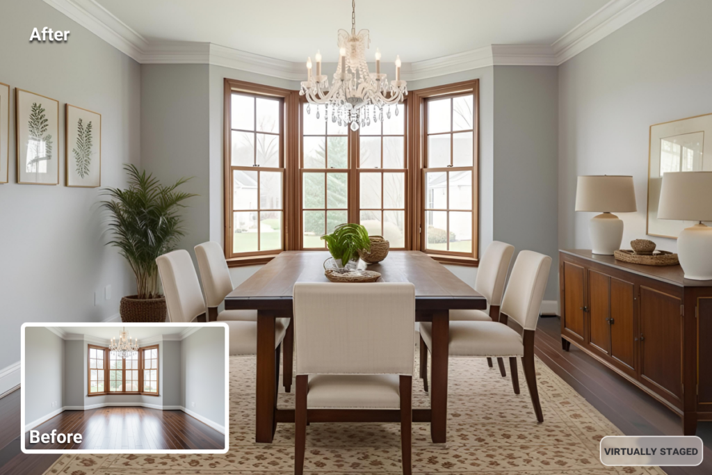 AI compliance in MLS listings shown through a virtually staged dining room with visible disclosure indicating digital furniture addition