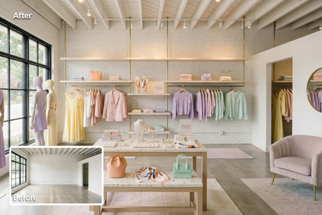 retail space virtual staging for commercial real estate showing an empty store transformed into a boutique with clothing displays, shelving, and customer flow layout