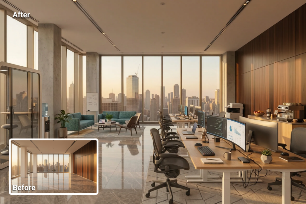 office virtual staging for commercial real estate showing an empty open-plan office transformed into a functional workspace with desks, seating areas, and defined zones for work and collaboration