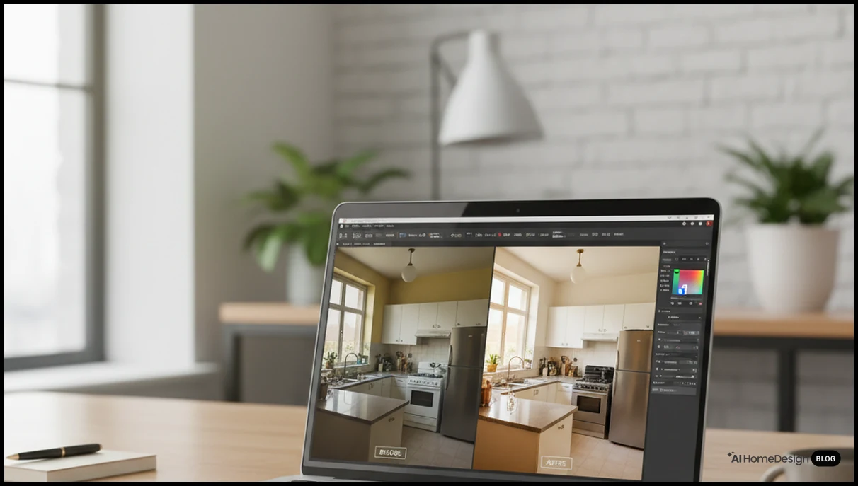 Real estate photo editing software interface on laptop