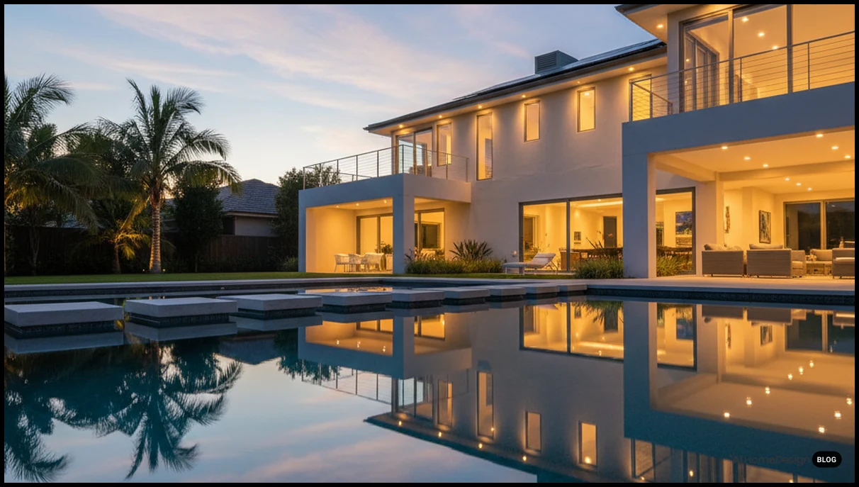Twilight exterior real estate photo with pool