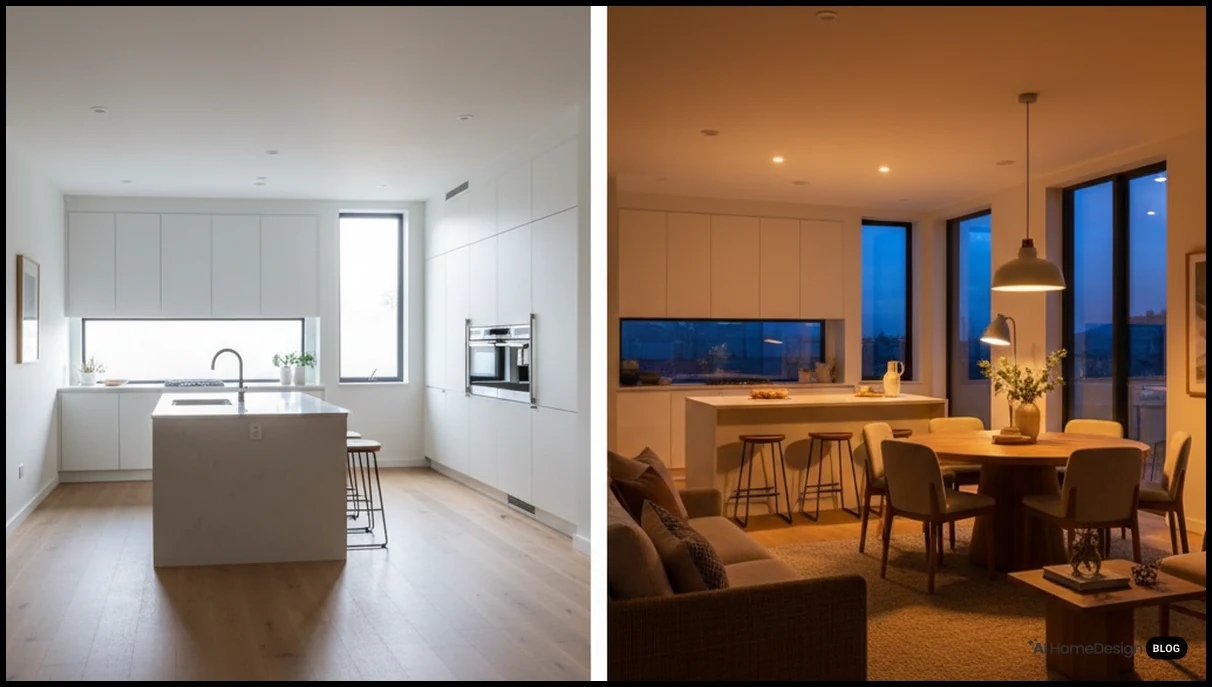 Kitchen photo edited with AI virtual staging and day-to-dusk effect