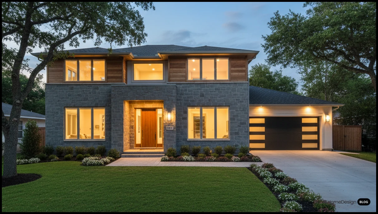 Exterior real estate photo at dusk with balanced lighting