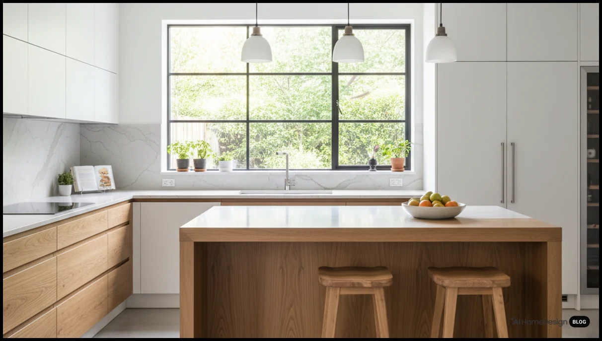 Modern kitchen interior with balanced lighting and clean lines