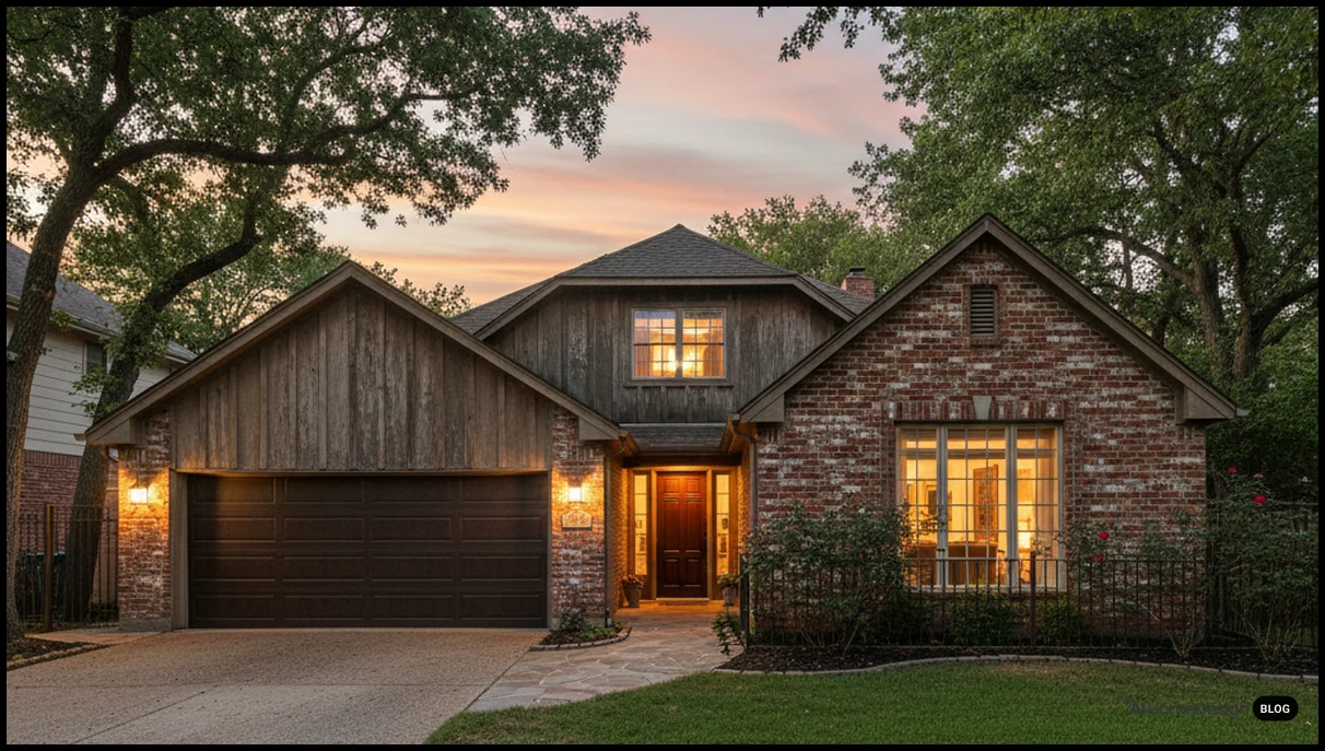 House exterior at twilight with dramatic but realistic sky