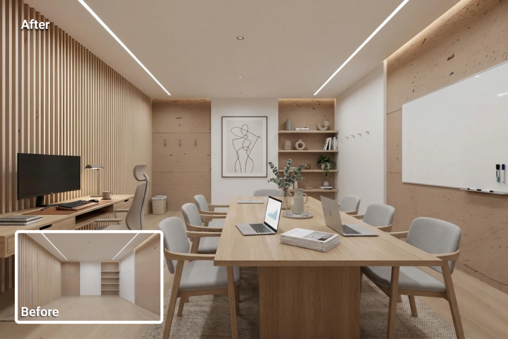 virtual staging for commercial real estate showing an empty office transformed into a functional workspace with desks, seating, and layout context