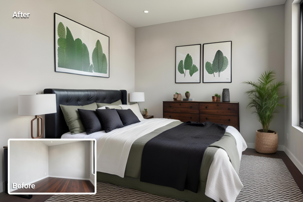 virtual staging for Airbnb listings showing a furnished bedroom added to an empty space to improve clarity and guest perception