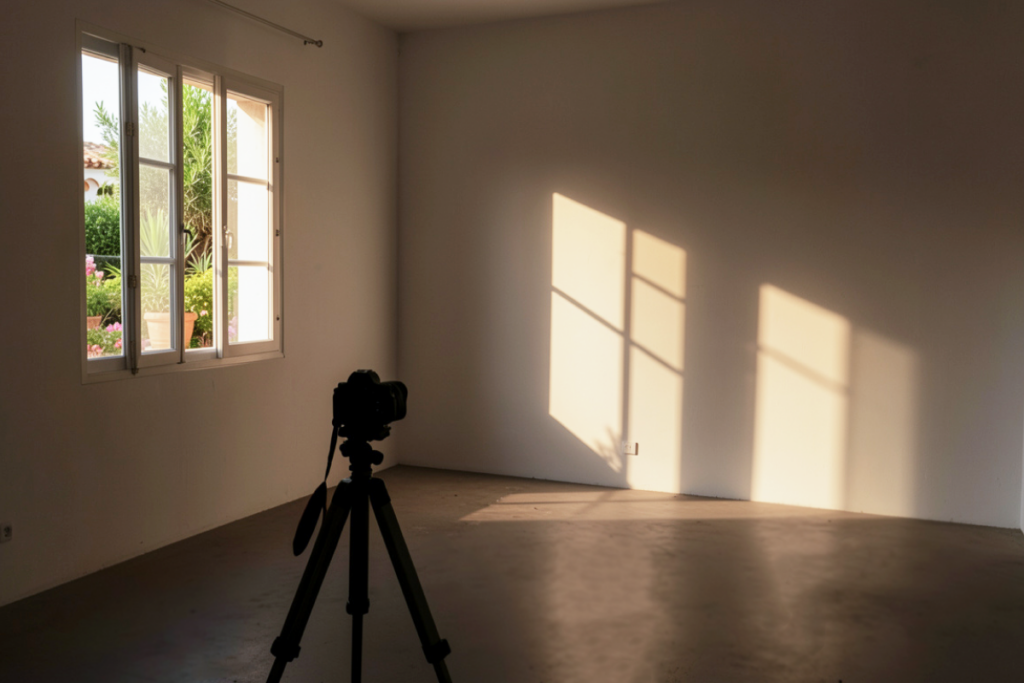 Dark room prepared for virtual staging with tripod setup, showing staging ideas for dark rooms in real estate photography