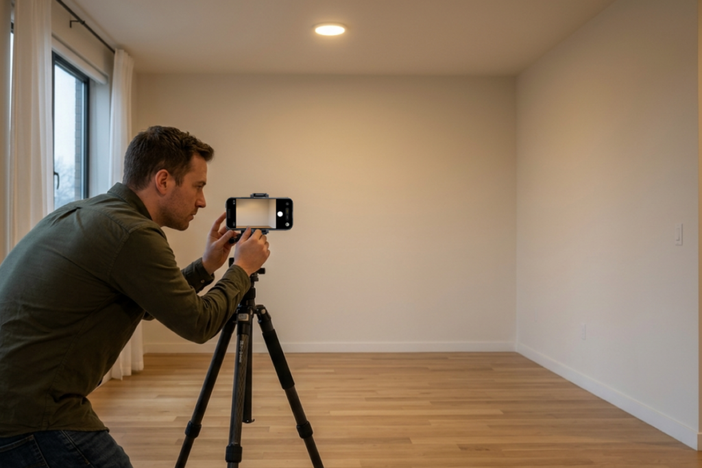 Stable shooting and exposure control make dark rooms usable for staging