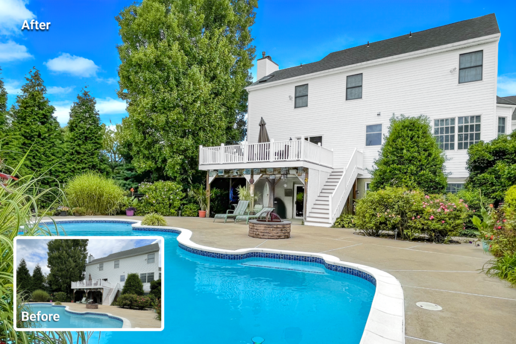 real estate photo enhancement showing exposure and color correction applied to an exterior property image for improved clarity and brightness