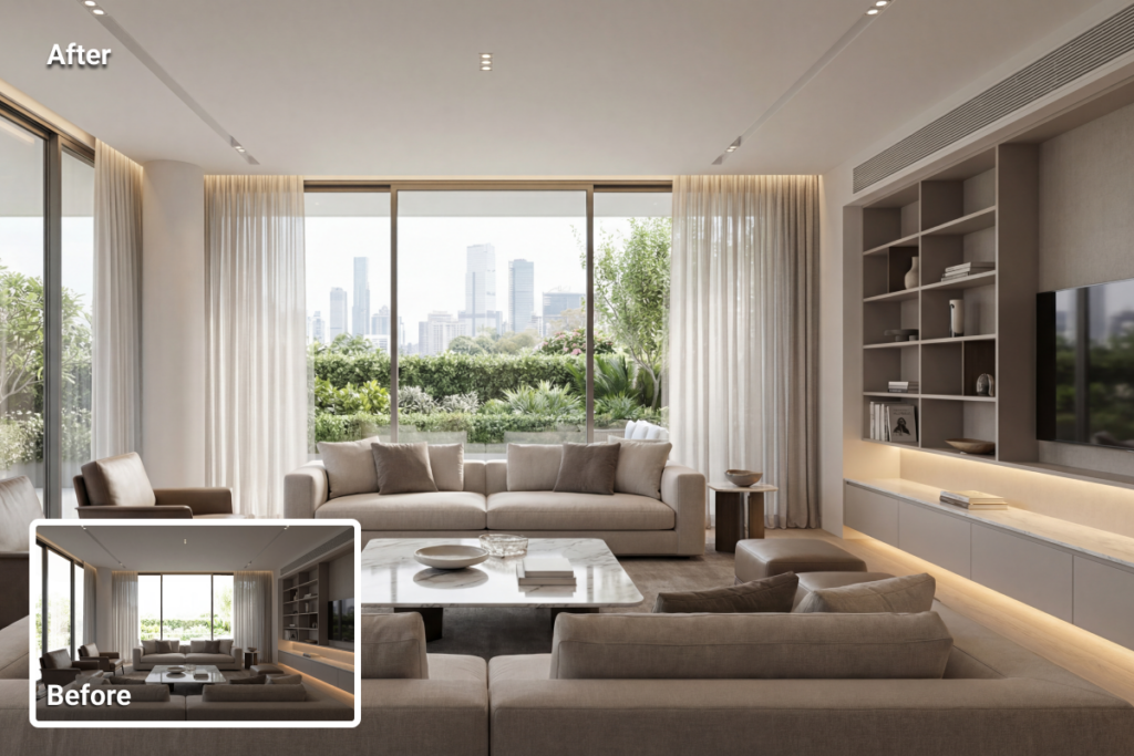 real estate photo enhancement showing light and exposure correction applied to an interior living space for improved brightness and detail visibility