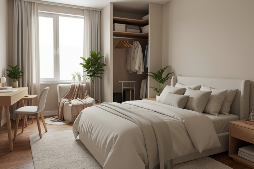 virtual staging for Airbnb listings showing a furnished bedroom layout that improves clarity and helps guests understand how the space can be used