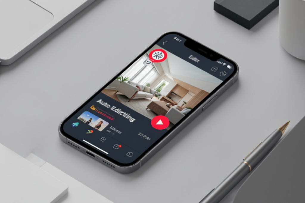 AI real estate marketing automation mobile interface showing automatic video and listing content creation for property marketing