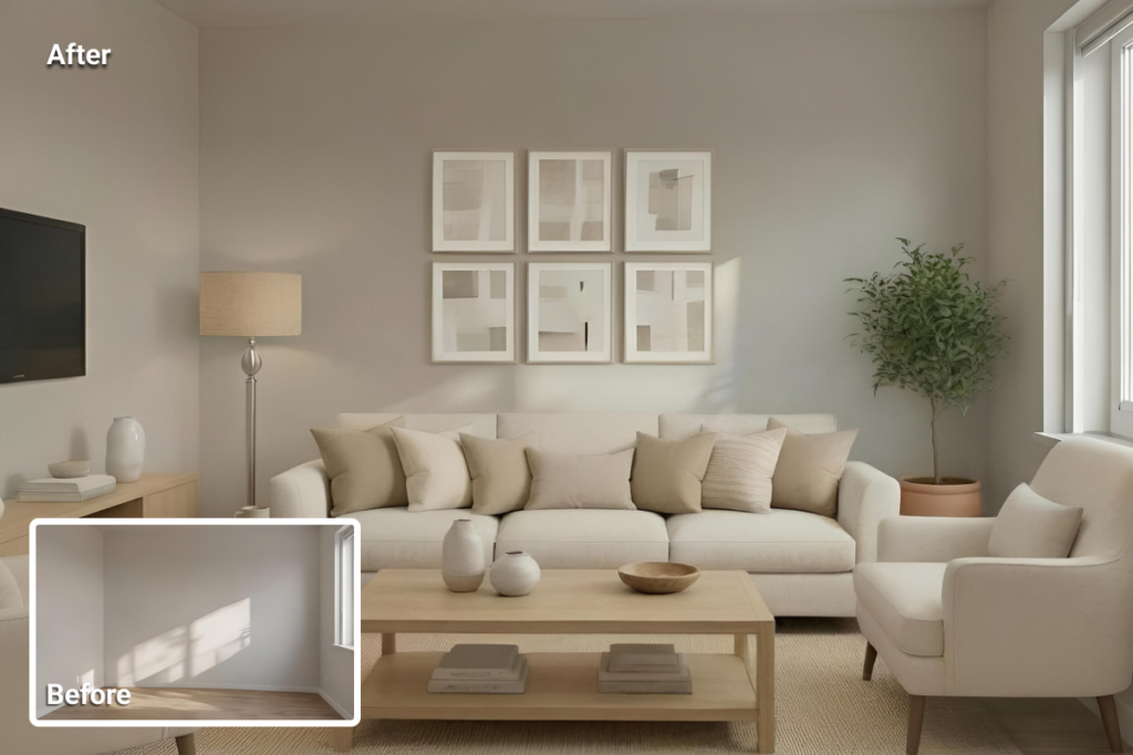 virtual staging for Airbnb listings showing a furnished living room created from an empty space to illustrate speed and scalability of AI staging
