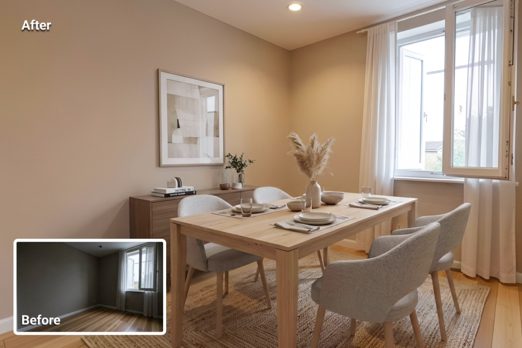 Virtually staged dining room after AI decluttering and relighting, demonstrating staging ideas for dark rooms in real estate photos