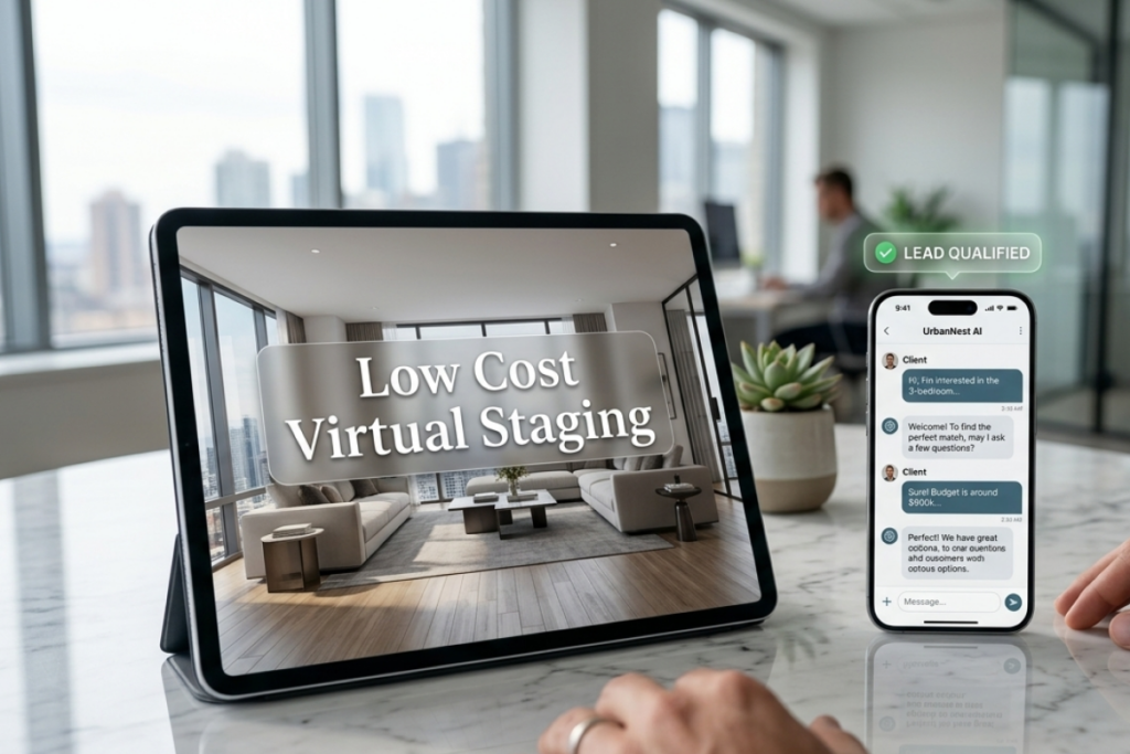 AI real estate marketing automation showing virtual staging and lead qualification tools highlighting cost efficiency and pricing tradeoffs