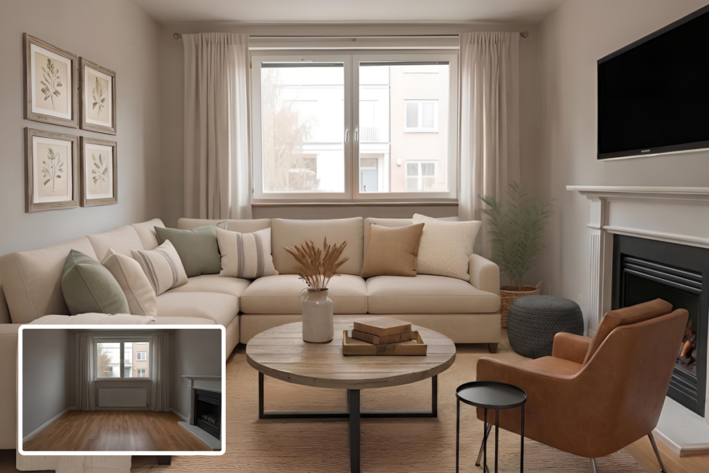 Virtually staged living room reviewed for realism, showing staging ideas for dark rooms with balanced lighting and furniture scale