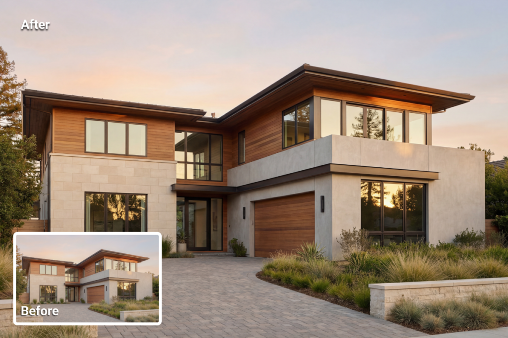 real estate photo enhancement showing contrast adjustment applied to an exterior house image to improve depth, color separation, and visual clarity